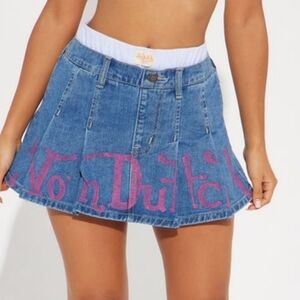 EUC Von Dutch Boxer Pleated Denim Mini Skirt - Light Wash!